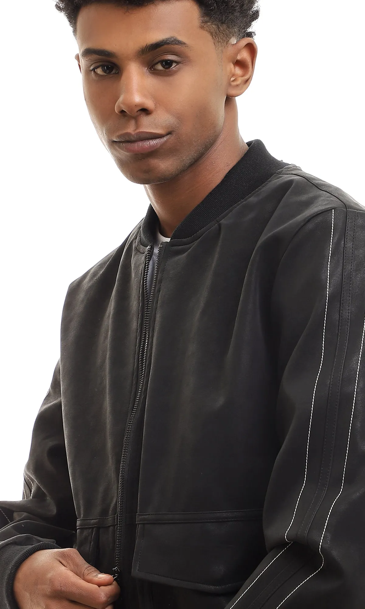 95832 Mandarin Collar Black Zipped Nubuck Jacket