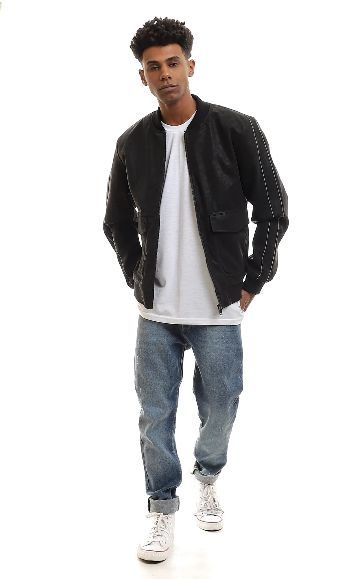 95832 Mandarin Collar Black Zipped Nubuck Jacket
