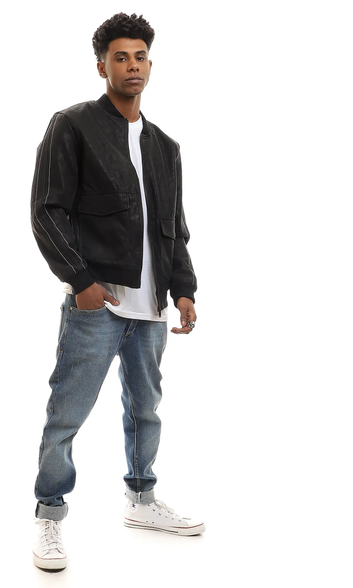 95832 Mandarin Collar Black Zipped Nubuck Jacket