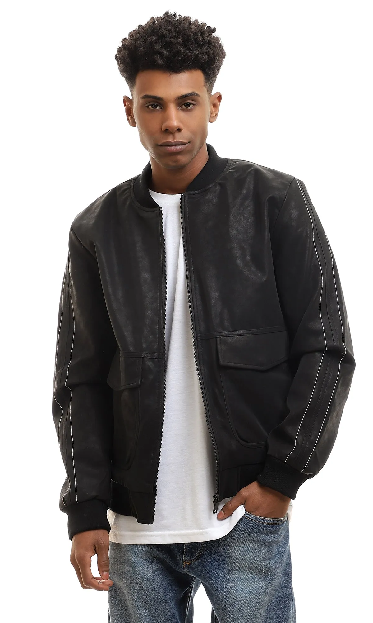 95832 Mandarin Collar Black Zipped Nubuck Jacket