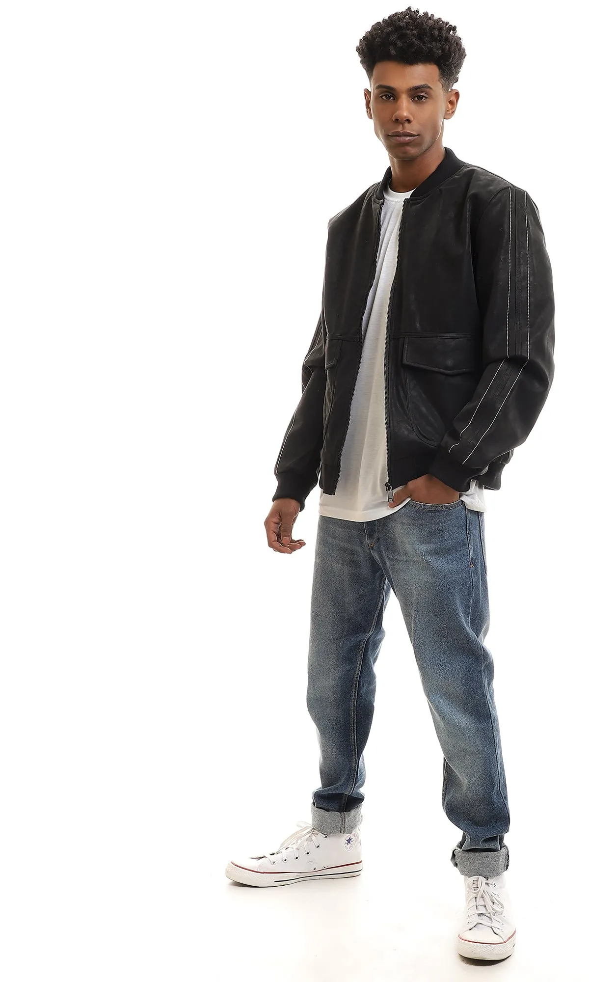 95832 Mandarin Collar Black Zipped Nubuck Jacket