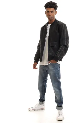 95832 Mandarin Collar Black Zipped Nubuck Jacket