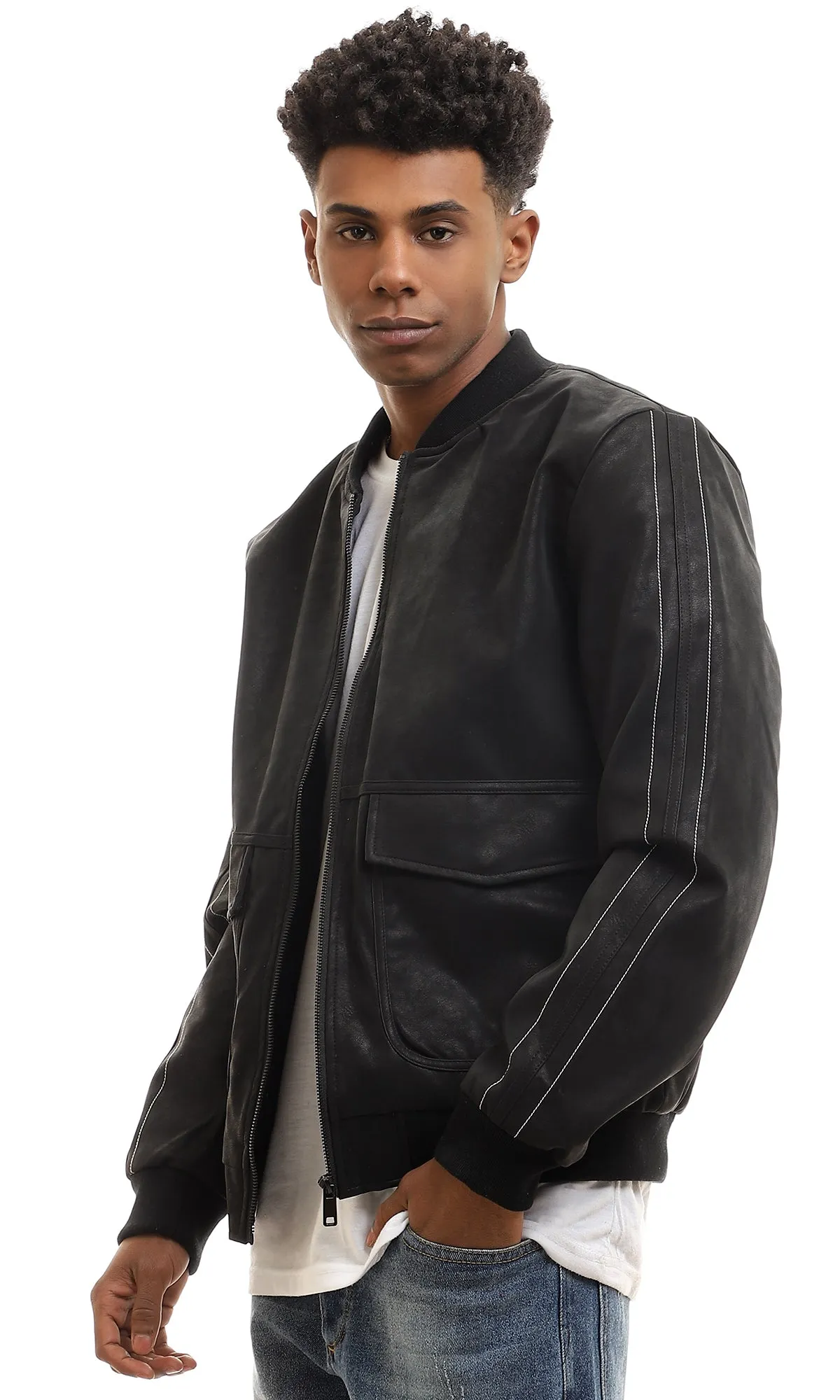 95832 Mandarin Collar Black Zipped Nubuck Jacket