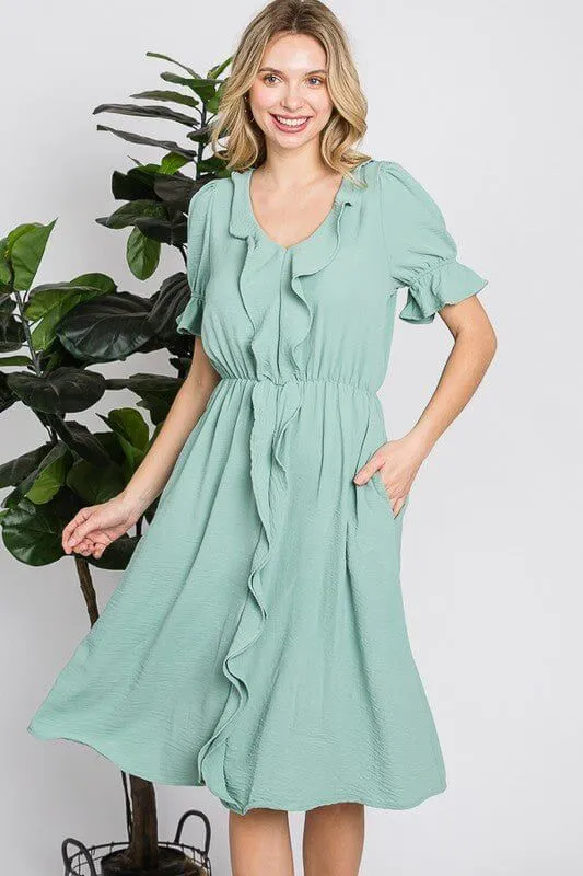 A Timeless Beauty Ruffle Front Dress in Sage