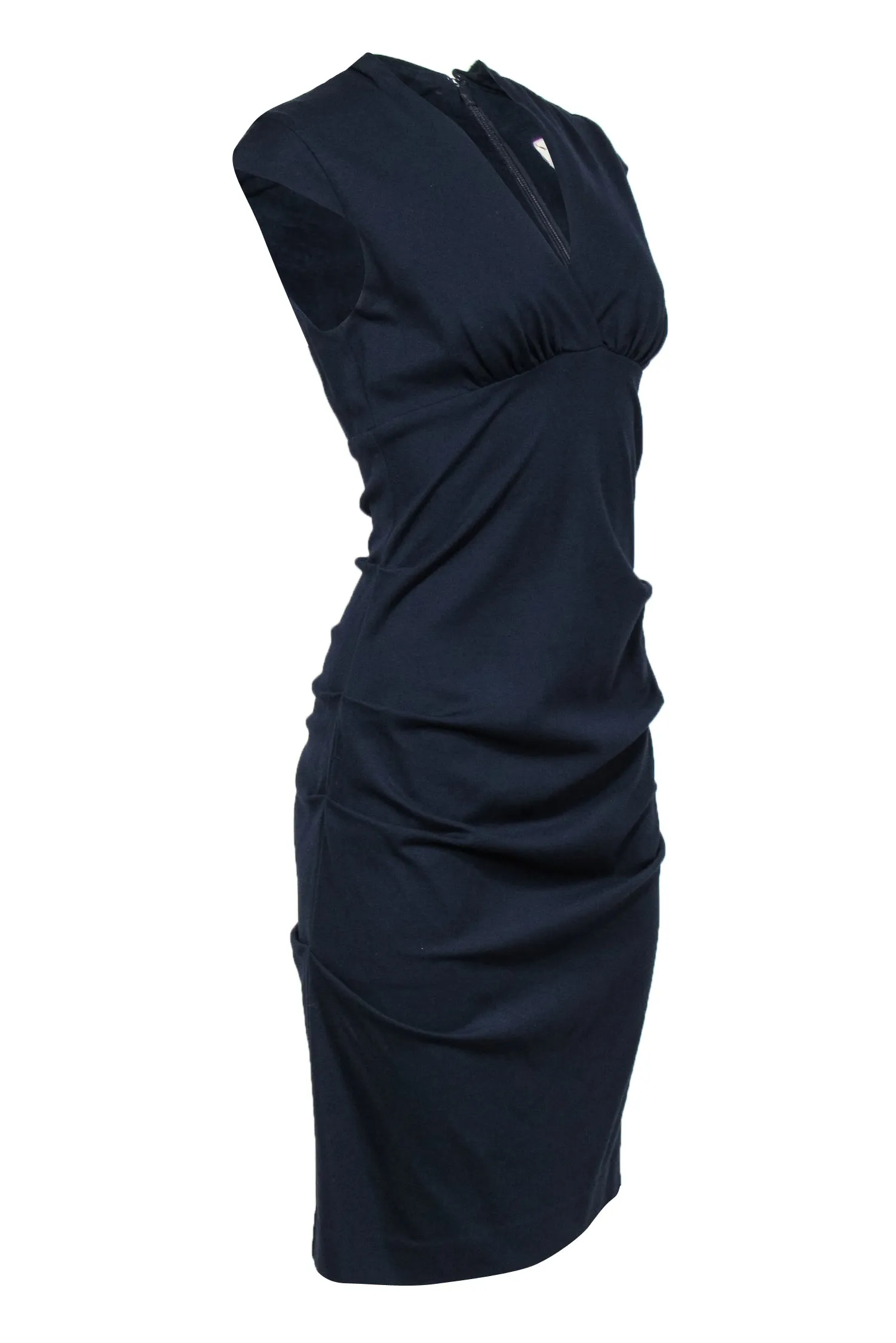 Artelier Nicole Miller - Navy Ruched Side Cap Sleeve Sheath Dress Sz 8