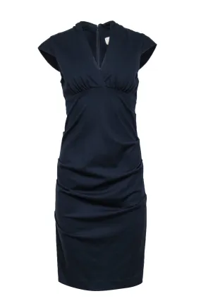 Artelier Nicole Miller - Navy Ruched Side Cap Sleeve Sheath Dress Sz 8
