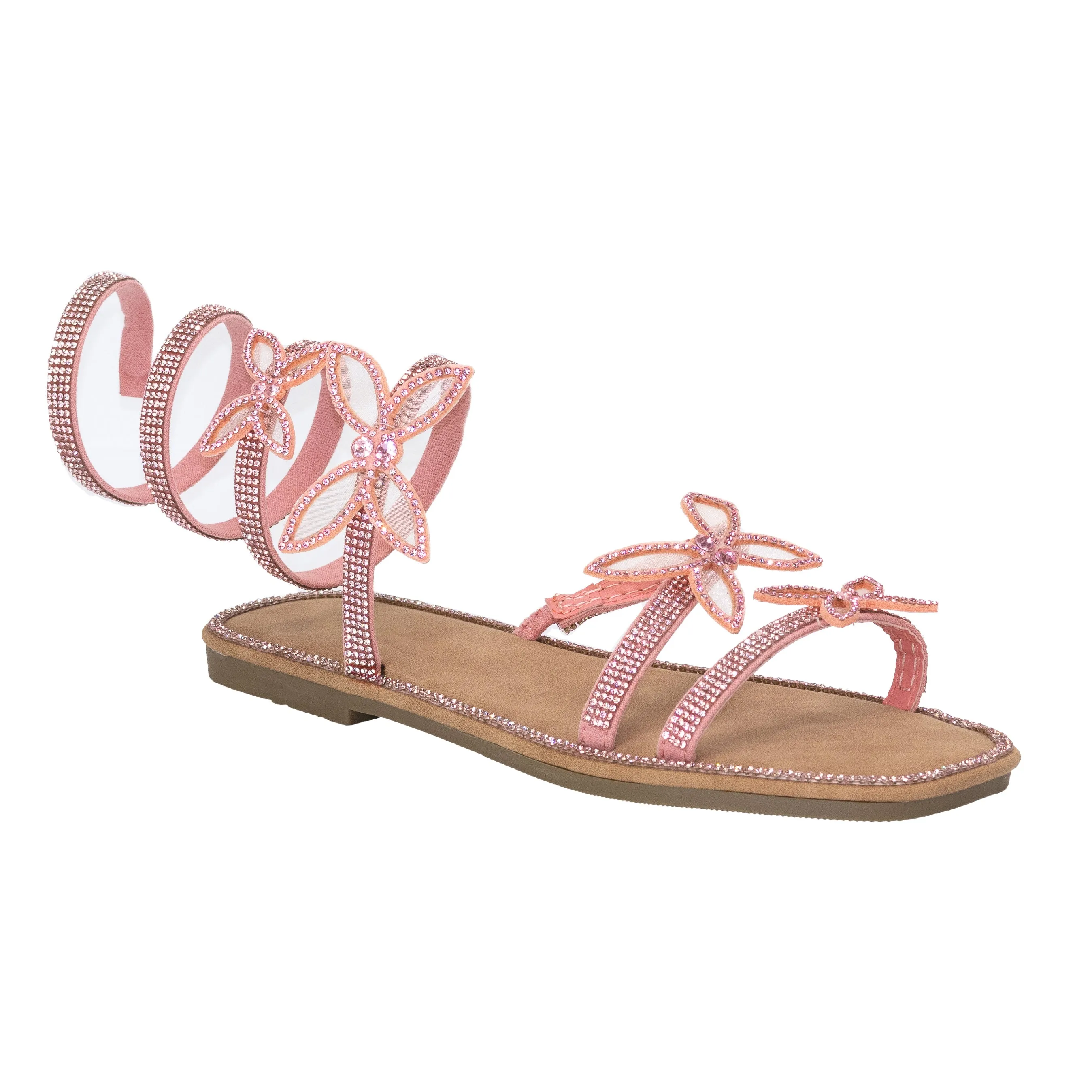 Atlanta - Embellished Spiral Coil Strap Flat Sandals, Rhinestone Butterfly Details, Glamorous Summer Footwear, Lightweight for Casual Outings