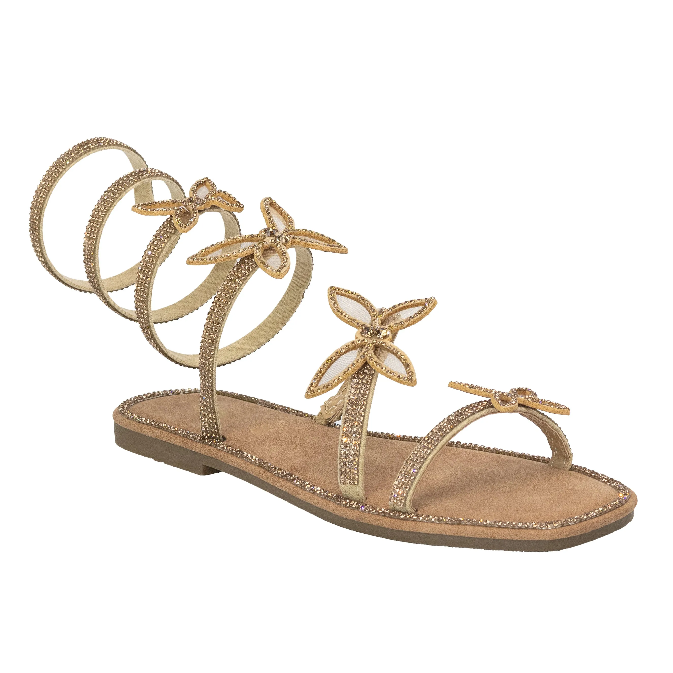 Atlanta - Embellished Spiral Coil Strap Flat Sandals, Rhinestone Butterfly Details, Glamorous Summer Footwear, Lightweight for Casual Outings