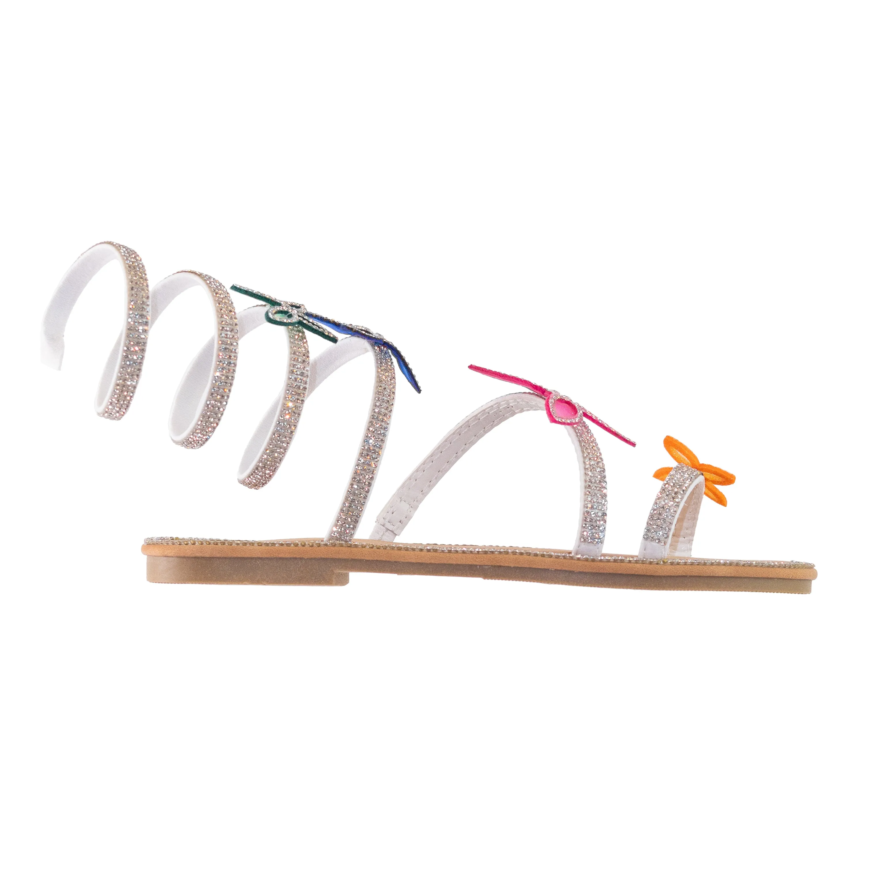 Atlanta - Embellished Spiral Coil Strap Flat Sandals, Rhinestone Butterfly Details, Glamorous Summer Footwear, Lightweight for Casual Outings