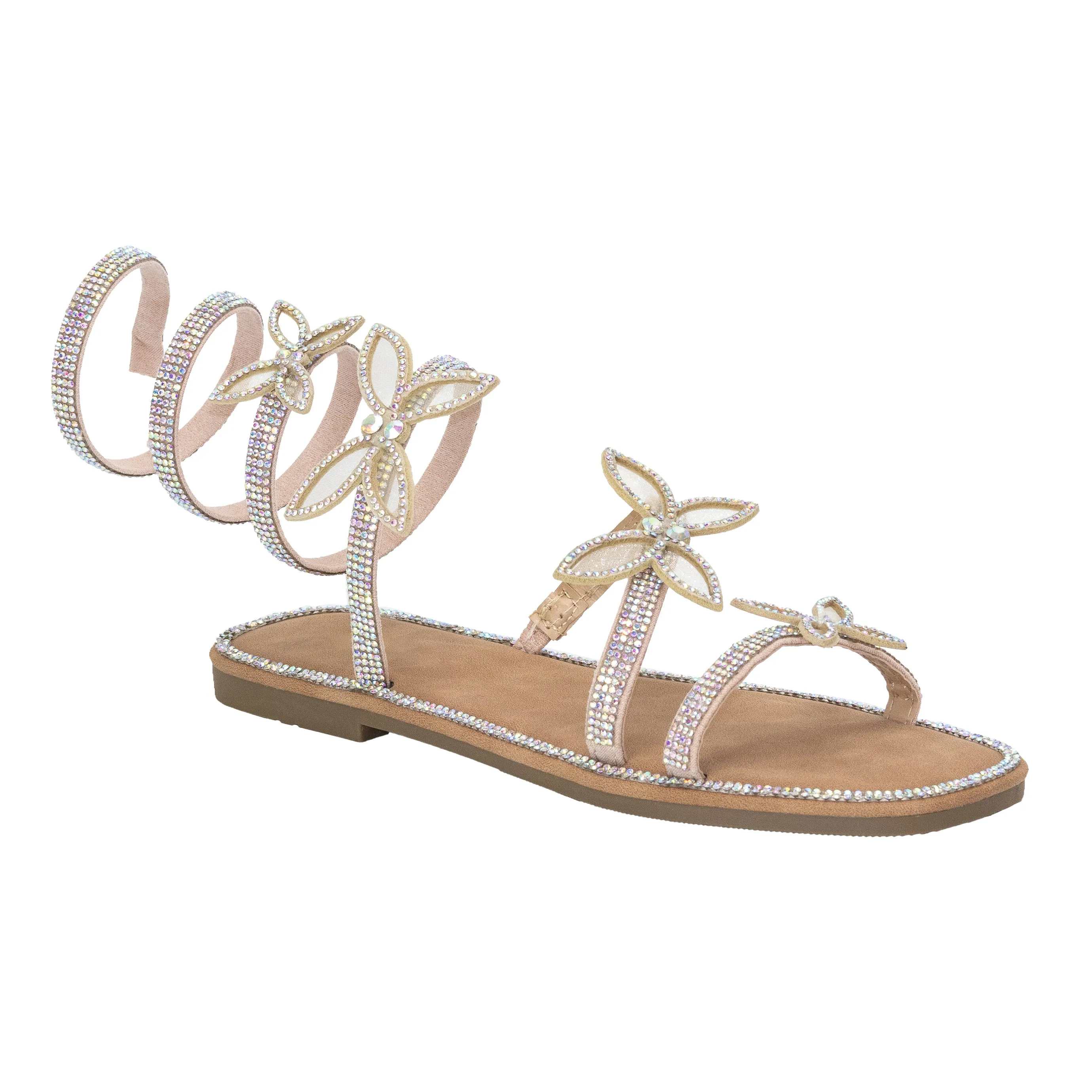 Atlanta - Embellished Spiral Coil Strap Flat Sandals, Rhinestone Butterfly Details, Glamorous Summer Footwear, Lightweight for Casual Outings