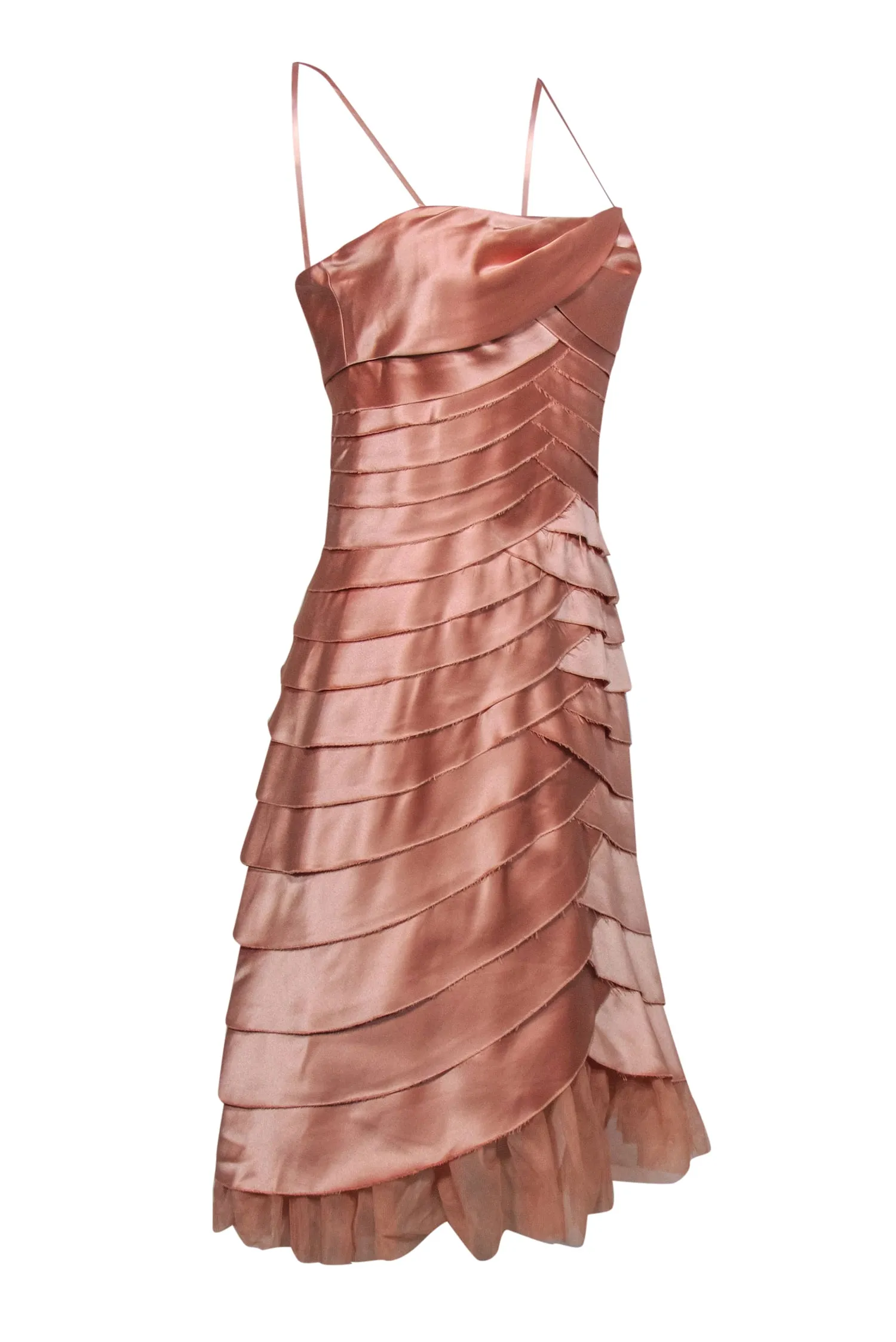 BCBG Max Azria - Blush Pink Strapless Tiered Satin Midi Dress w/ Tulle Hem Sz 8