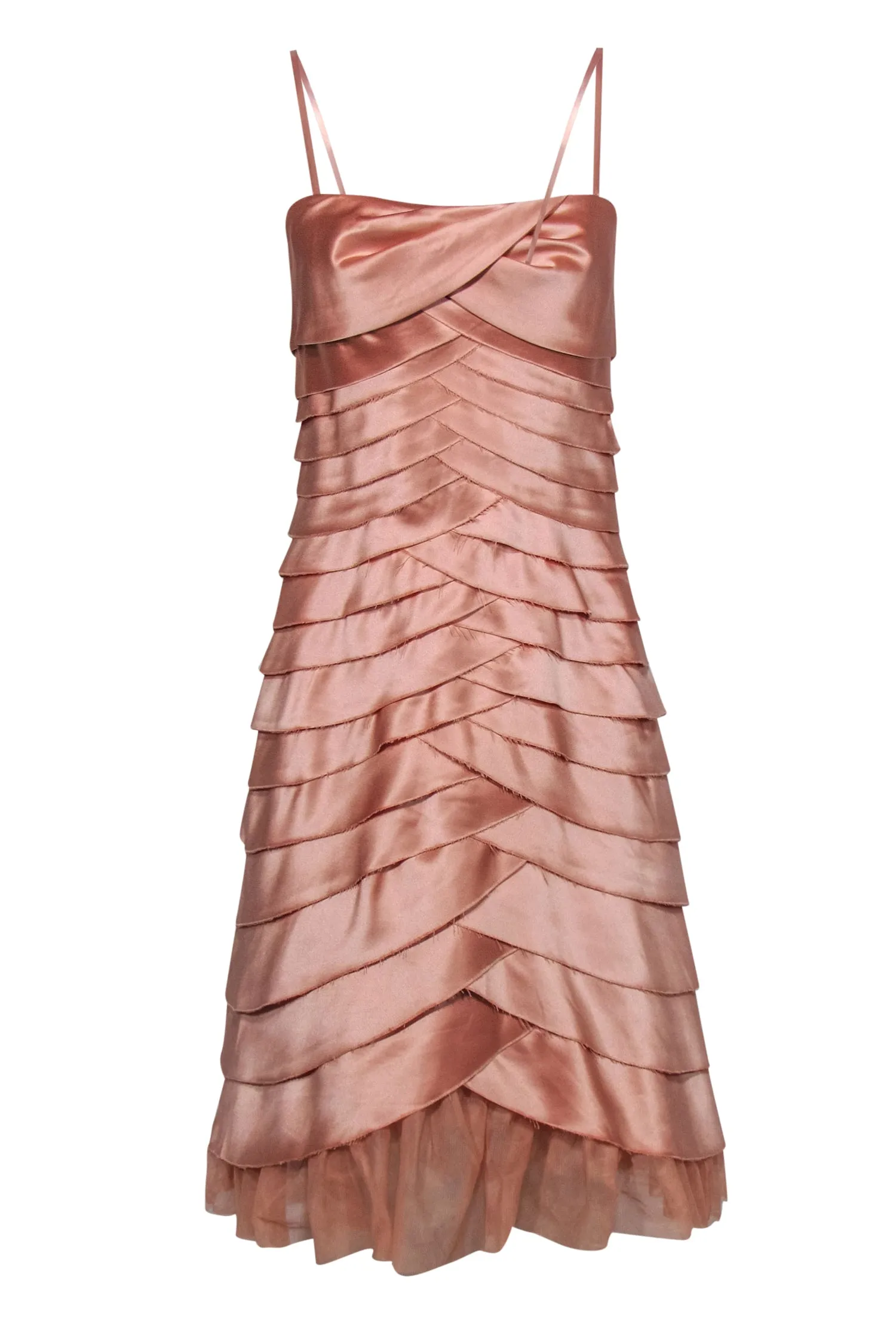 BCBG Max Azria - Blush Pink Strapless Tiered Satin Midi Dress w/ Tulle Hem Sz 8