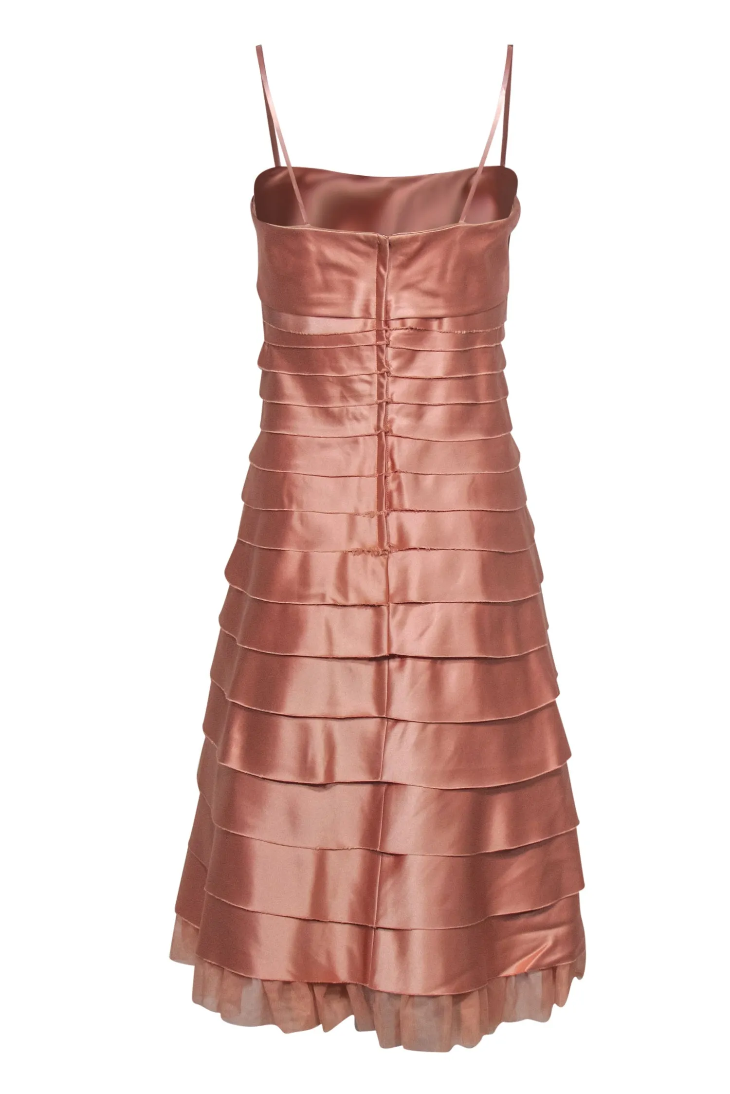 BCBG Max Azria - Blush Pink Strapless Tiered Satin Midi Dress w/ Tulle Hem Sz 8