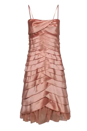 BCBG Max Azria - Blush Pink Strapless Tiered Satin Midi Dress w/ Tulle Hem Sz 8