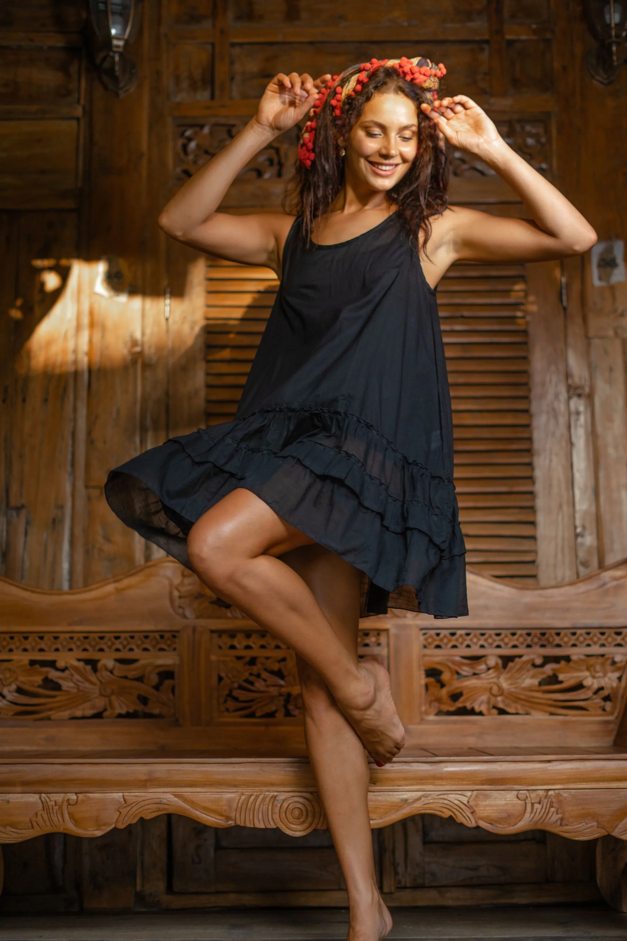 Black Cotton Sleeveless Dress With Bottom Frill | Georgie