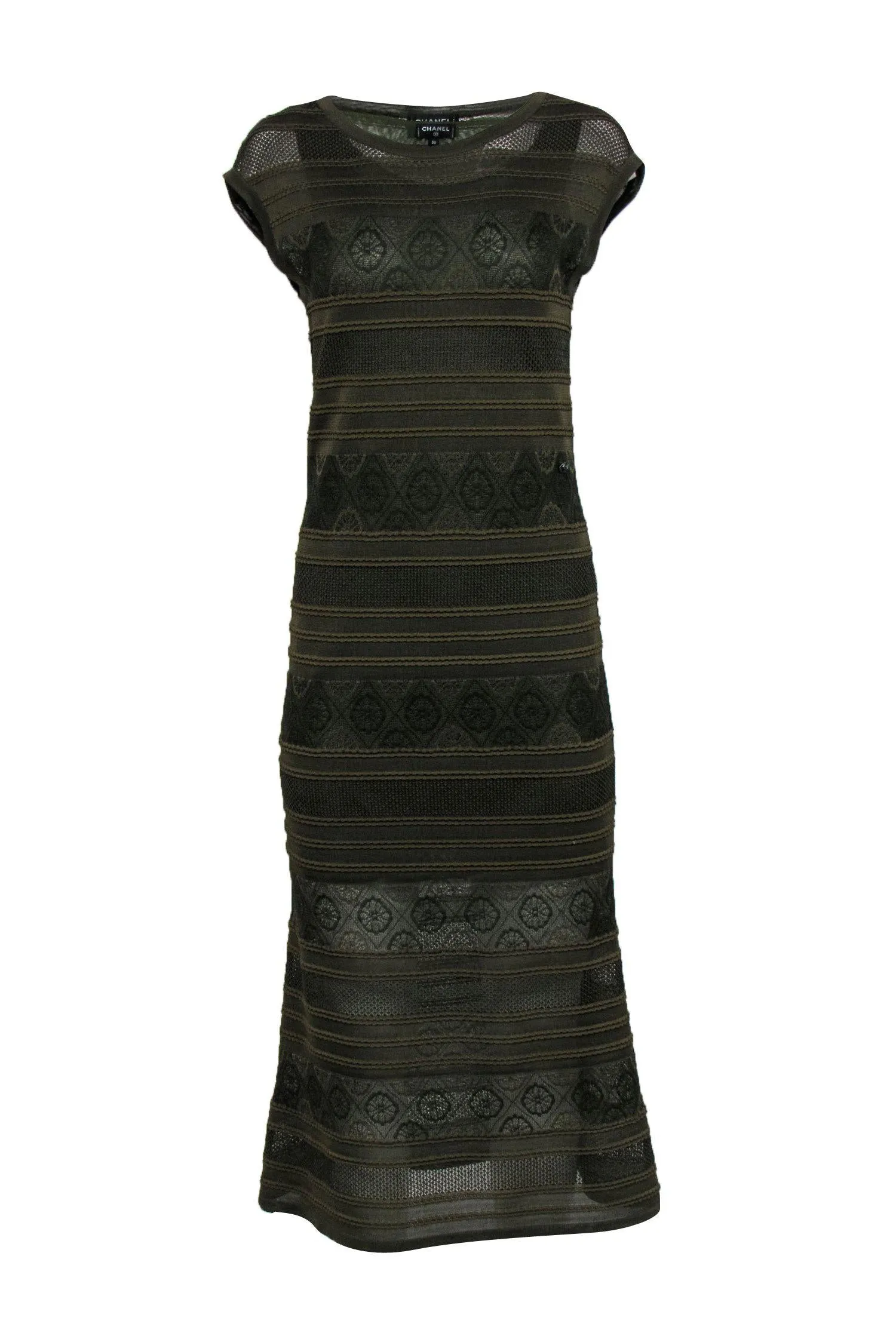 Chanel - Olive Green Cap Sleeve Lace & Knit Maxi Dress Sz 4