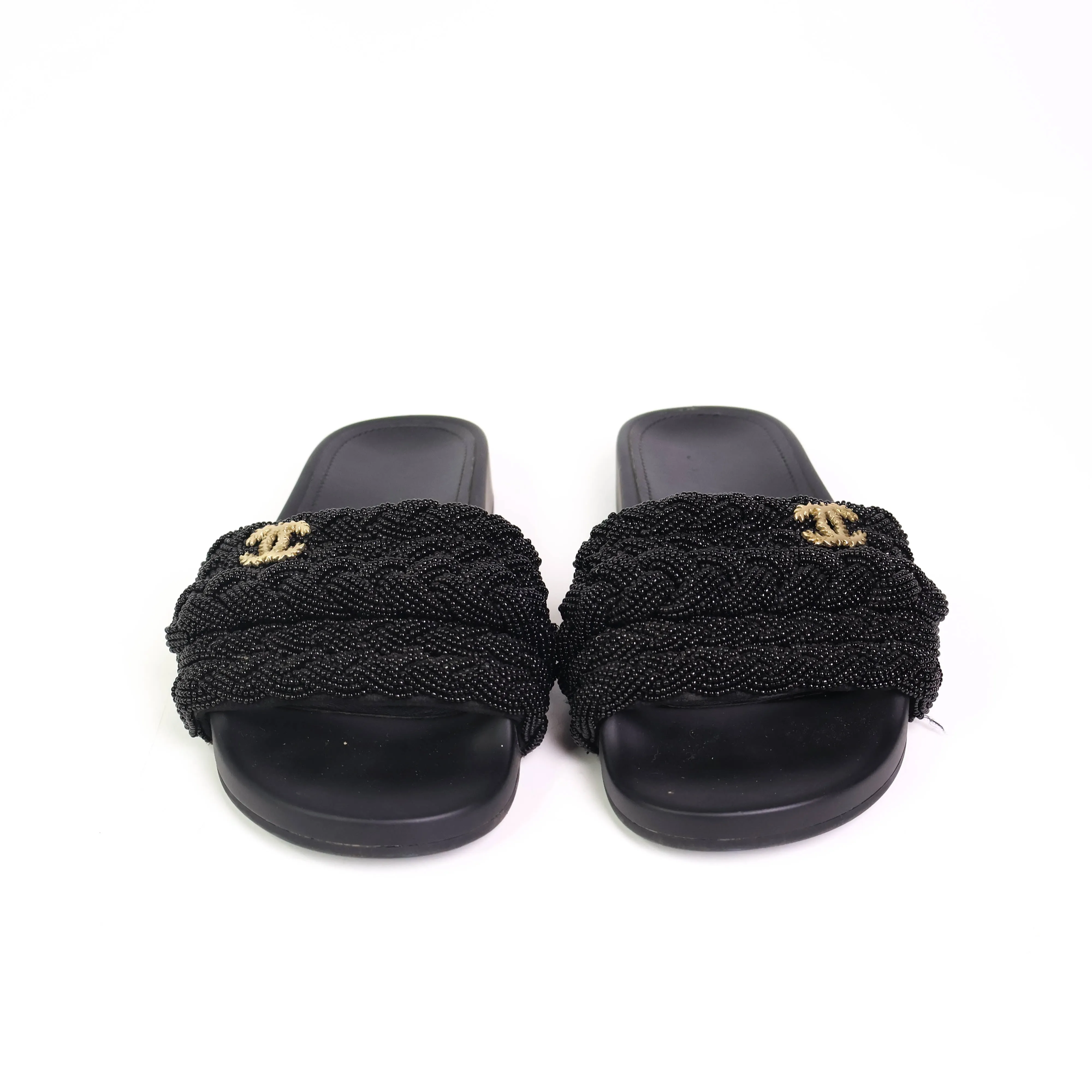 Chanel Sandals Black CC Gold 36