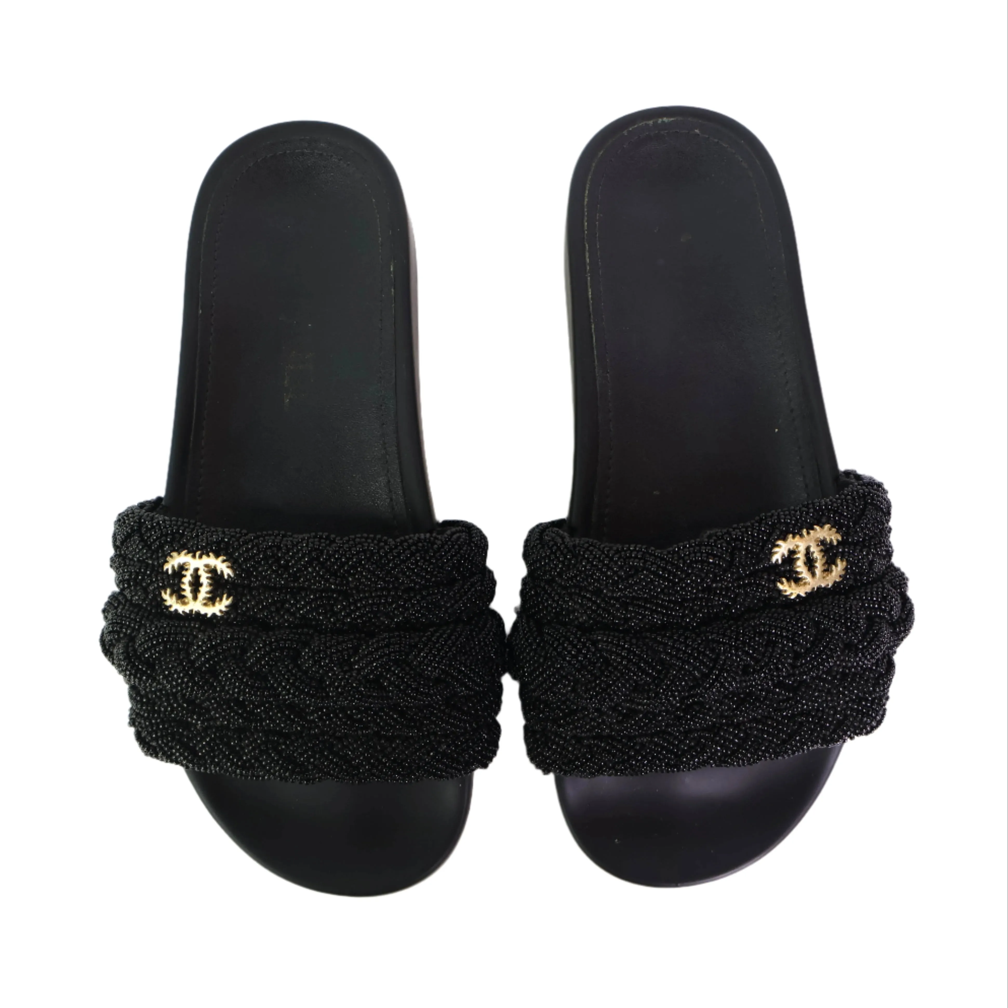 Chanel Sandals Black CC Gold 36