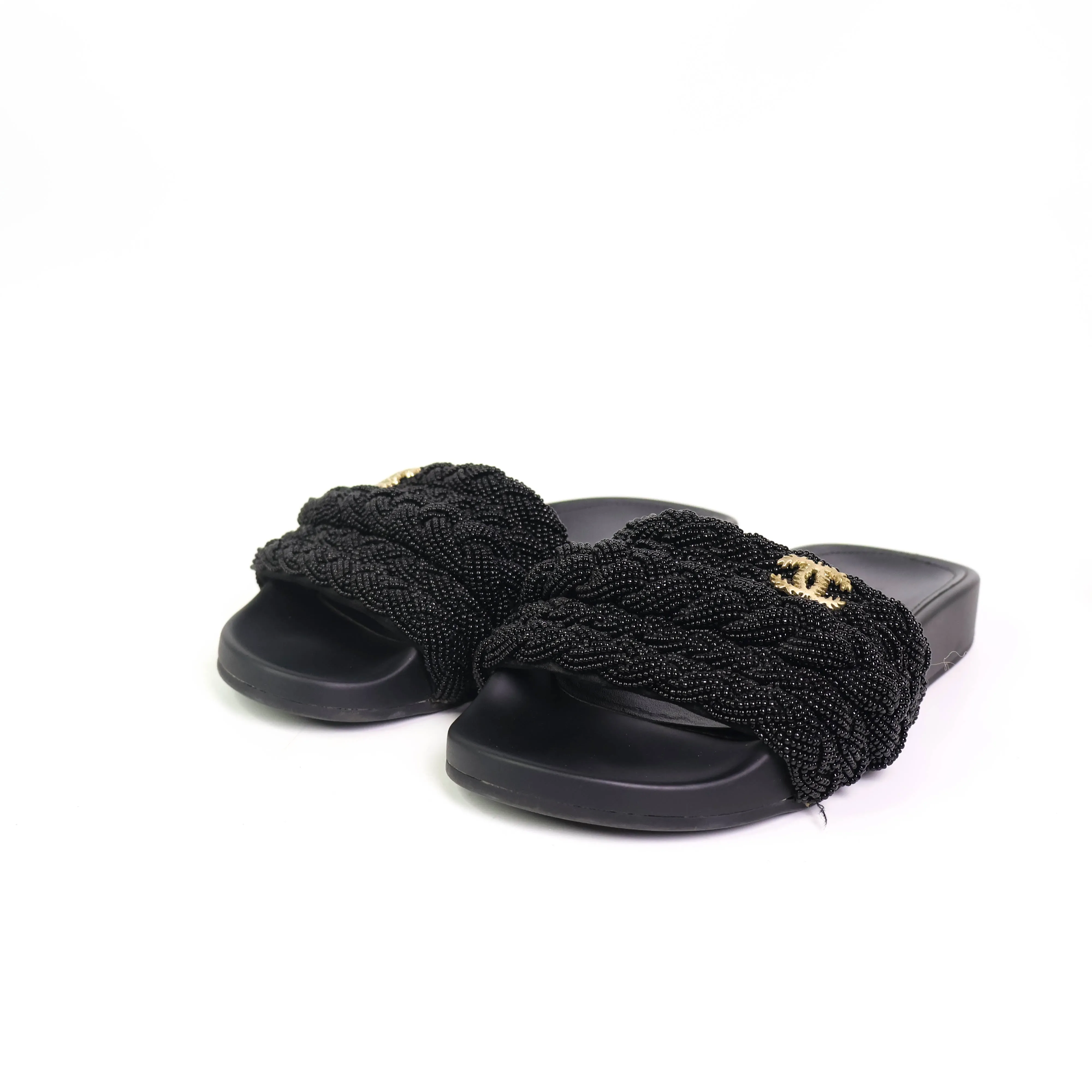 Chanel Sandals Black CC Gold 36