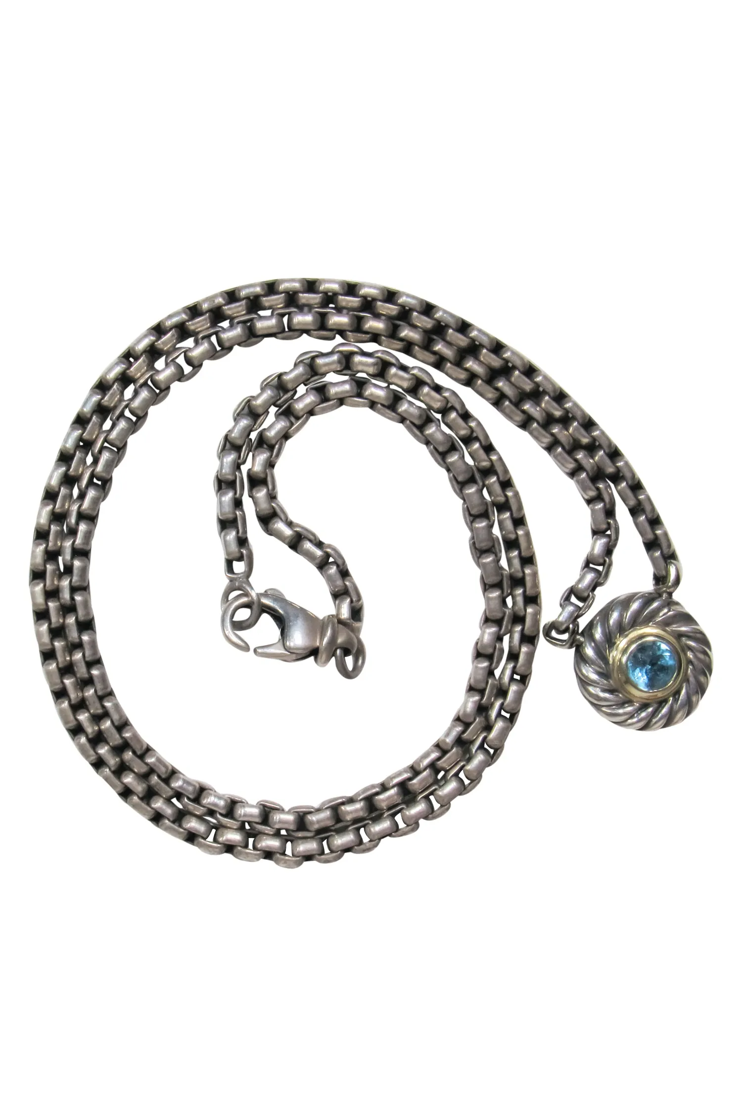 David Yurman - Sterling Silver Chain Link Necklace w/ Twisted Blue Gem Pendant