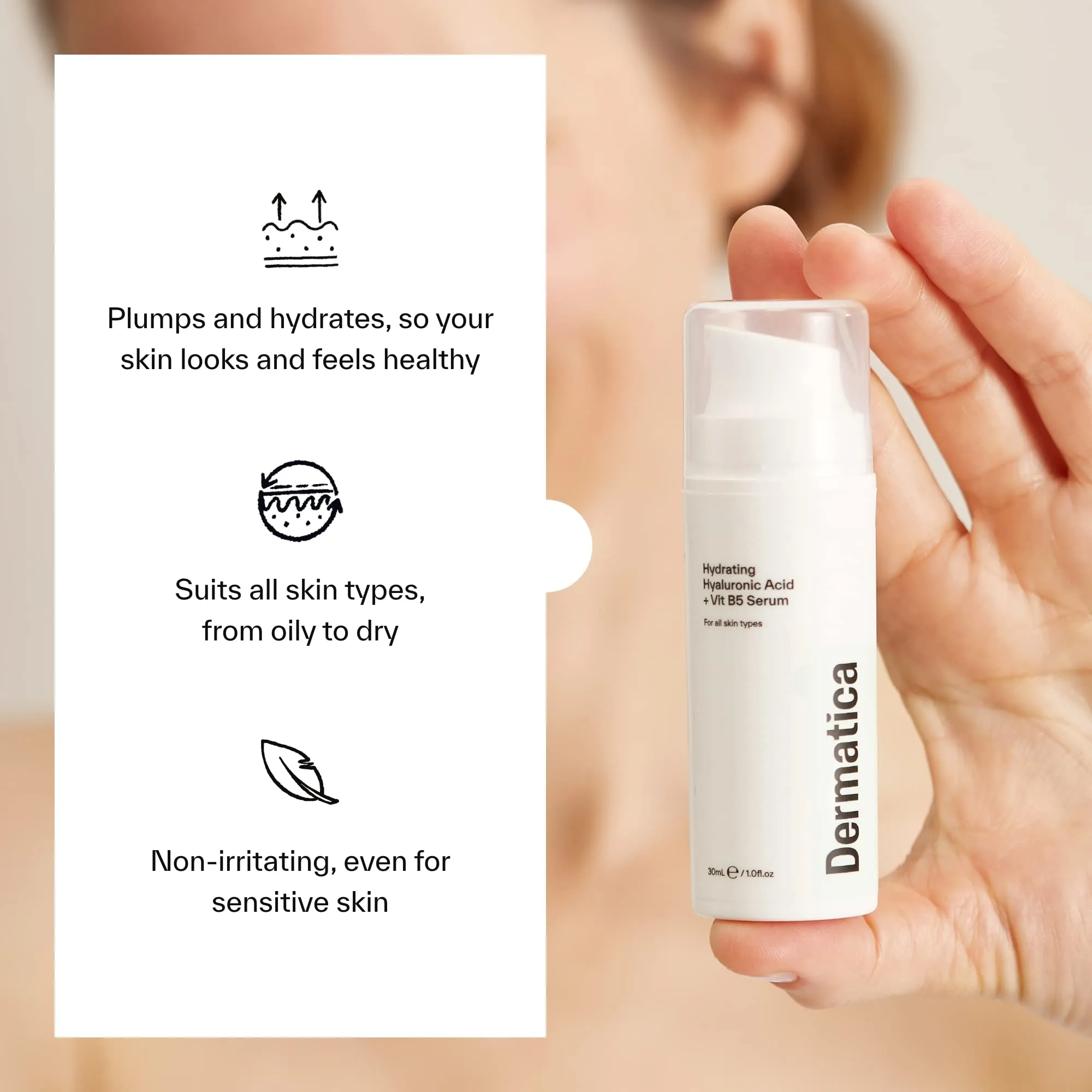 Dermatica Hyaluronic Acid Hydrating Face Serum with Vitamin B5 | Anti-Ageing and Anti-Wrinkle Skincare I Fast Absorbing Hydrating Serum for Dehydrated Skin | Fragrance Free Skin Care (30ml)