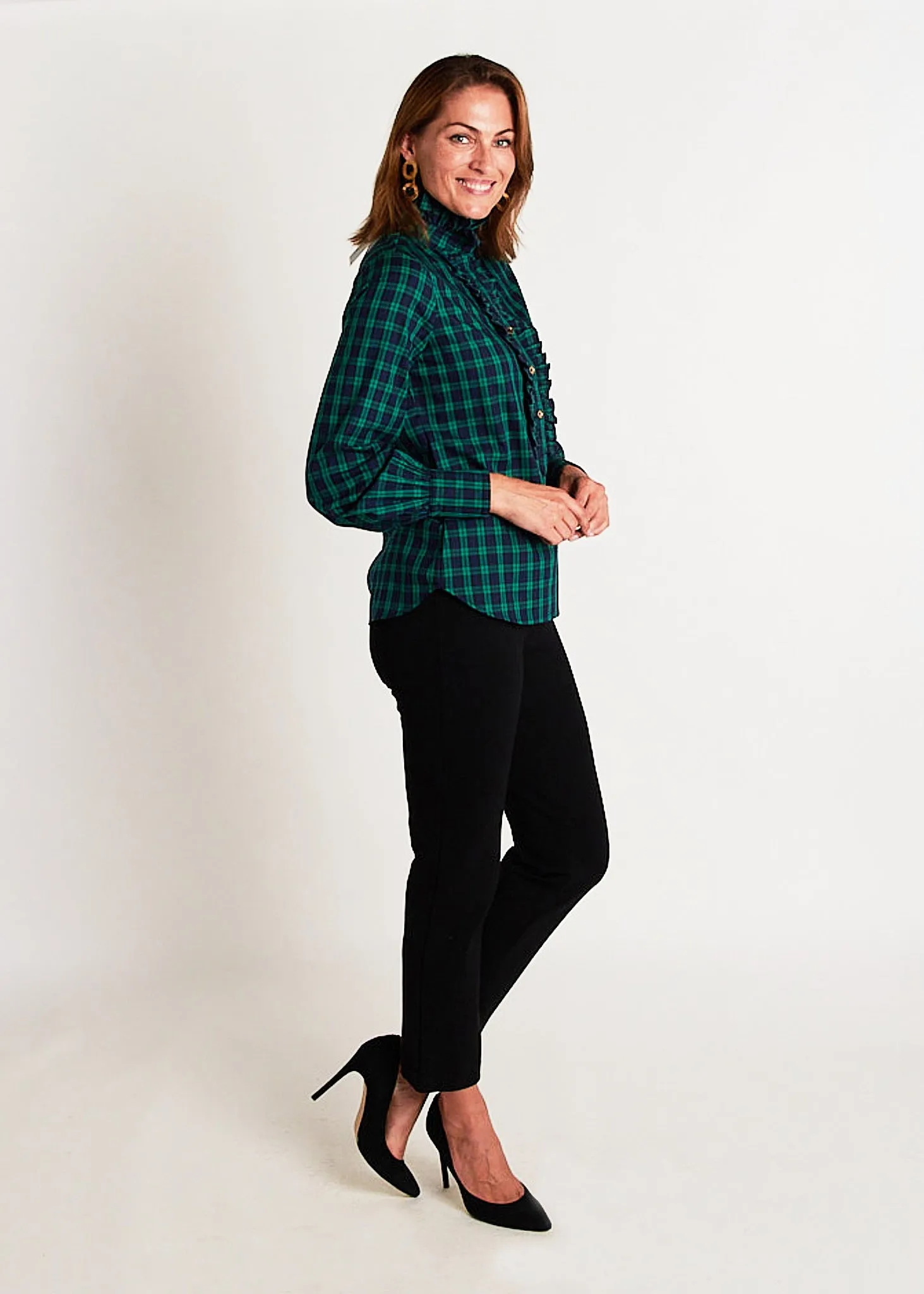 Devon Ruffle Blouse - Navy Blue/Green Plaid