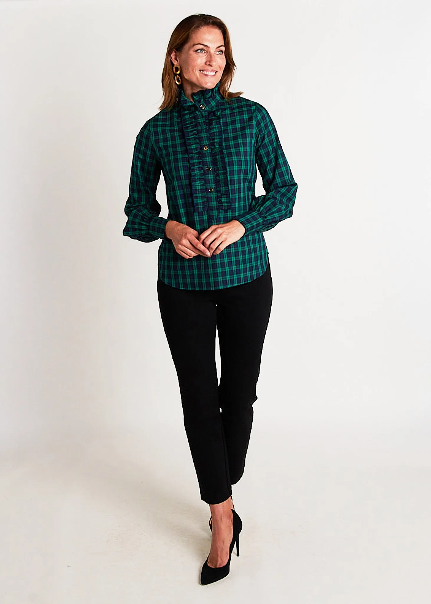 Devon Ruffle Blouse - Navy Blue/Green Plaid