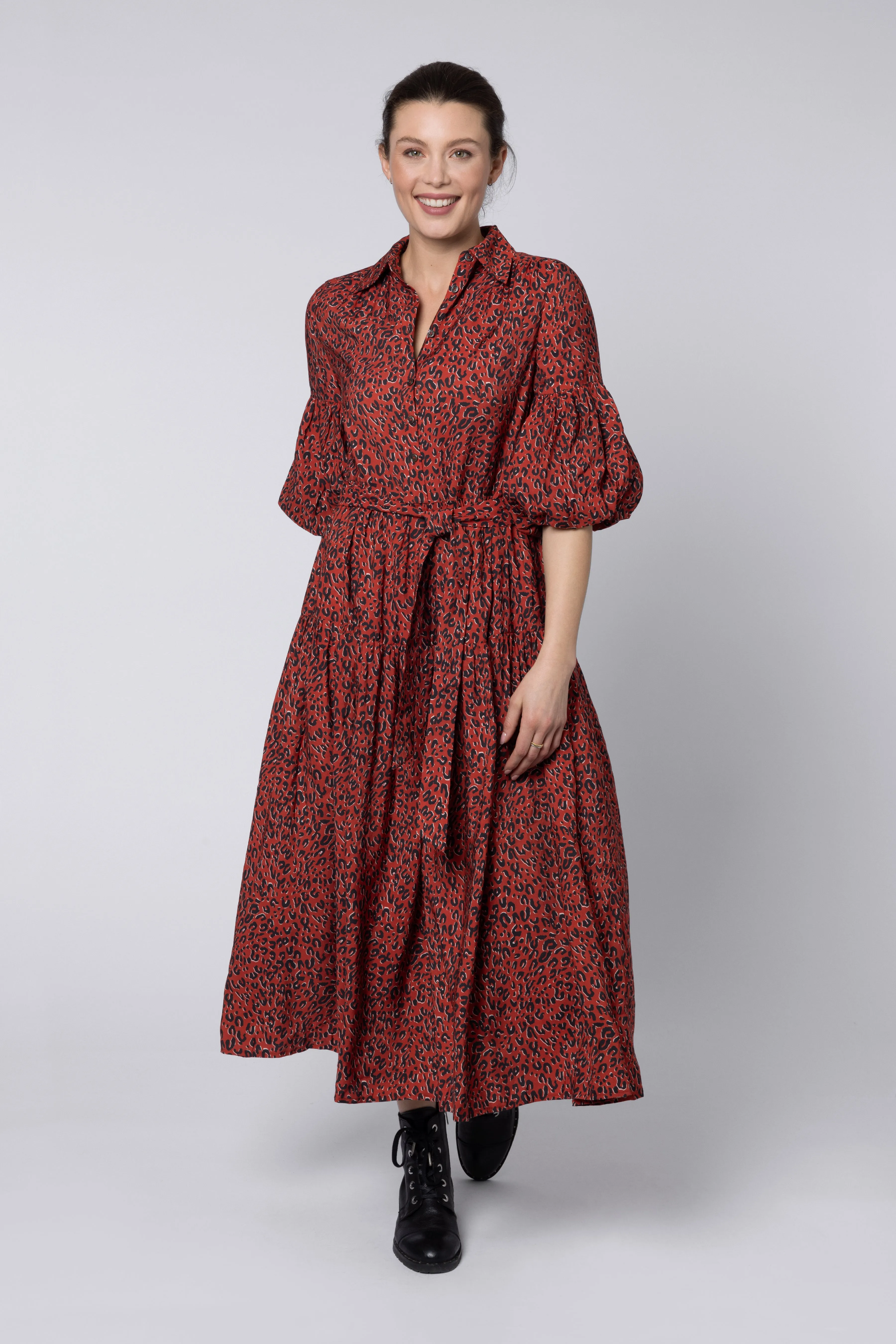 Elise Balloon Sleeve Dress (Red Leopard)
