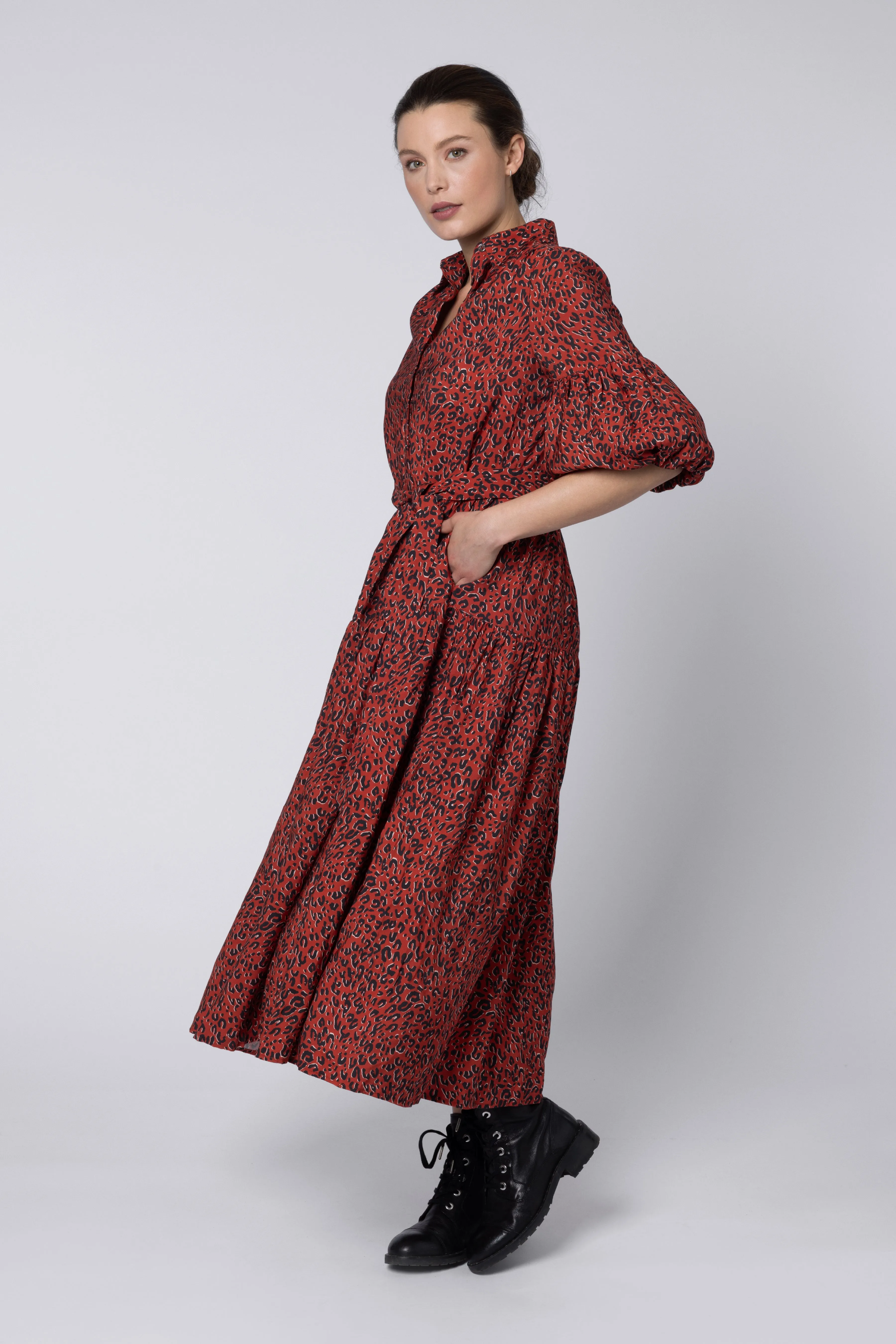 Elise Balloon Sleeve Dress (Red Leopard)