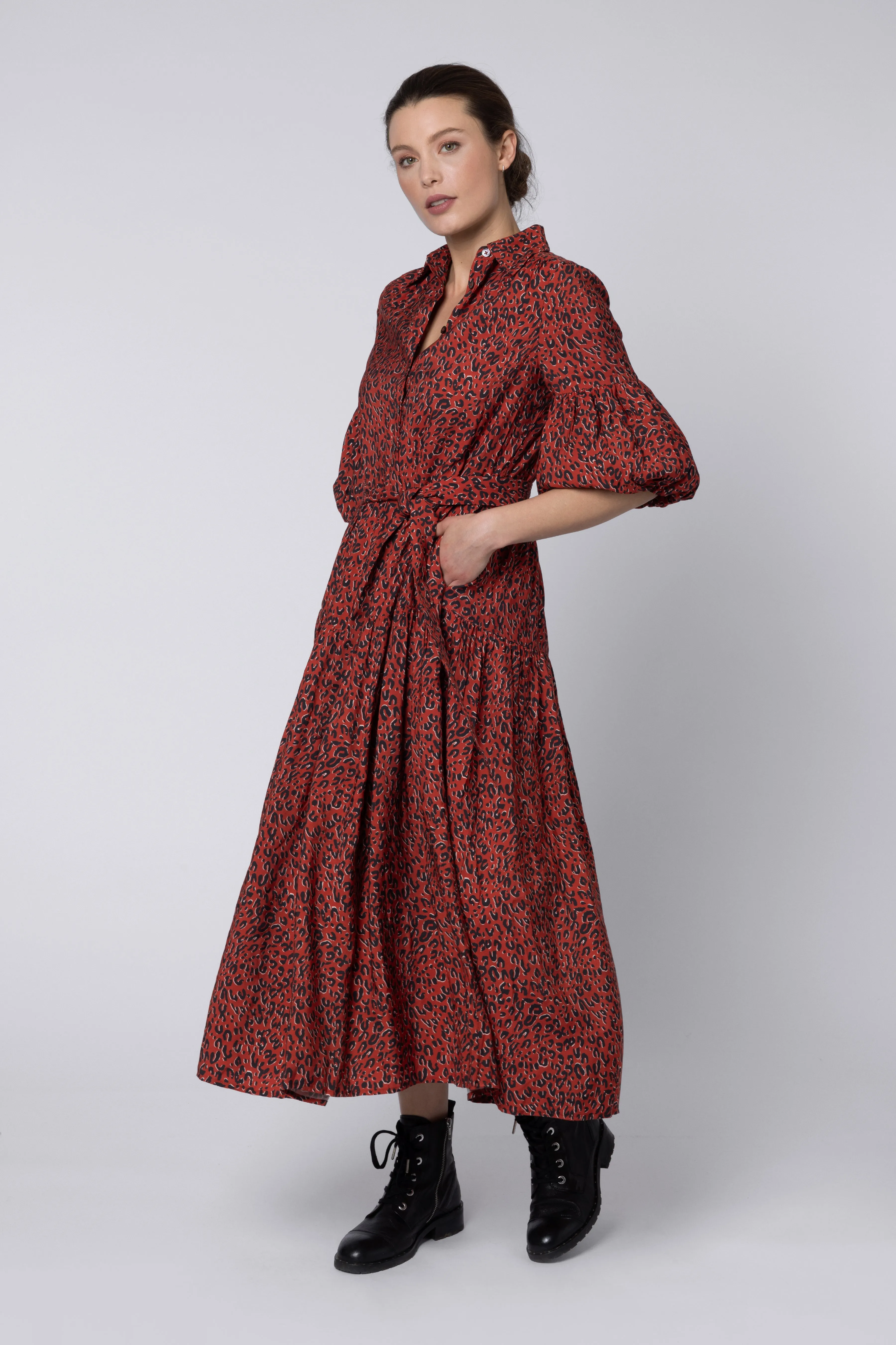 Elise Balloon Sleeve Dress (Red Leopard)