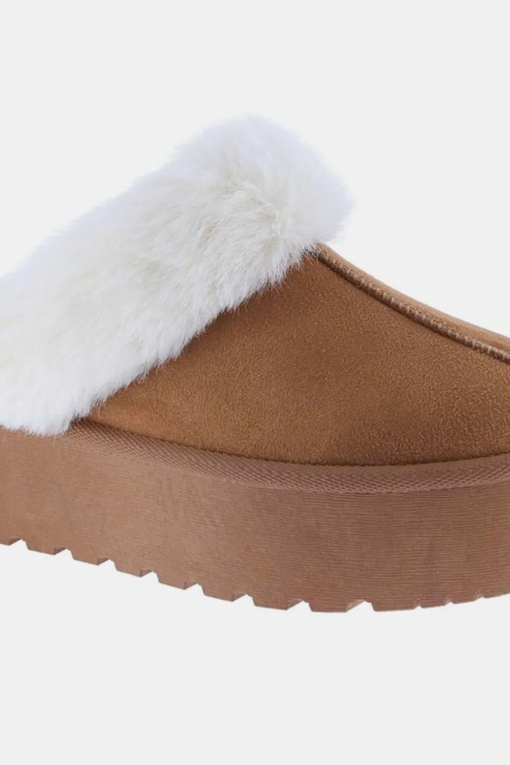 First Prize Thick Bottom Fur Trim Slipper Shoes in Tan