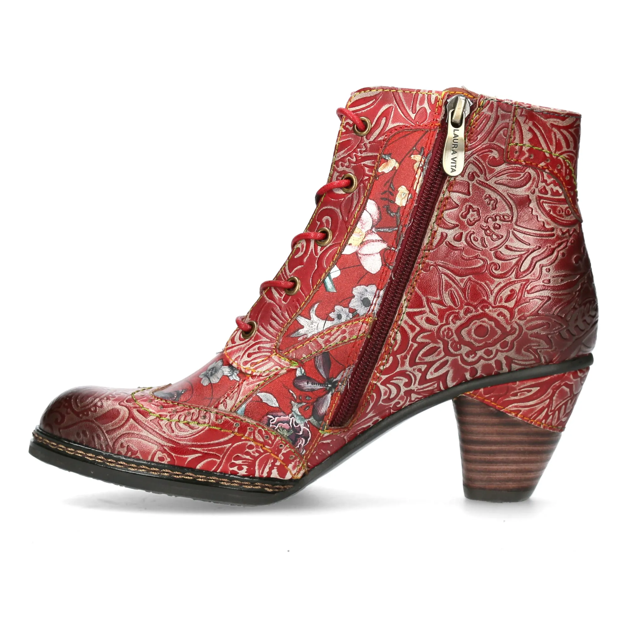 Laura Vita Alcizeeo 01 ROUGE Leather Mid Heel Lace up Boot with Zip