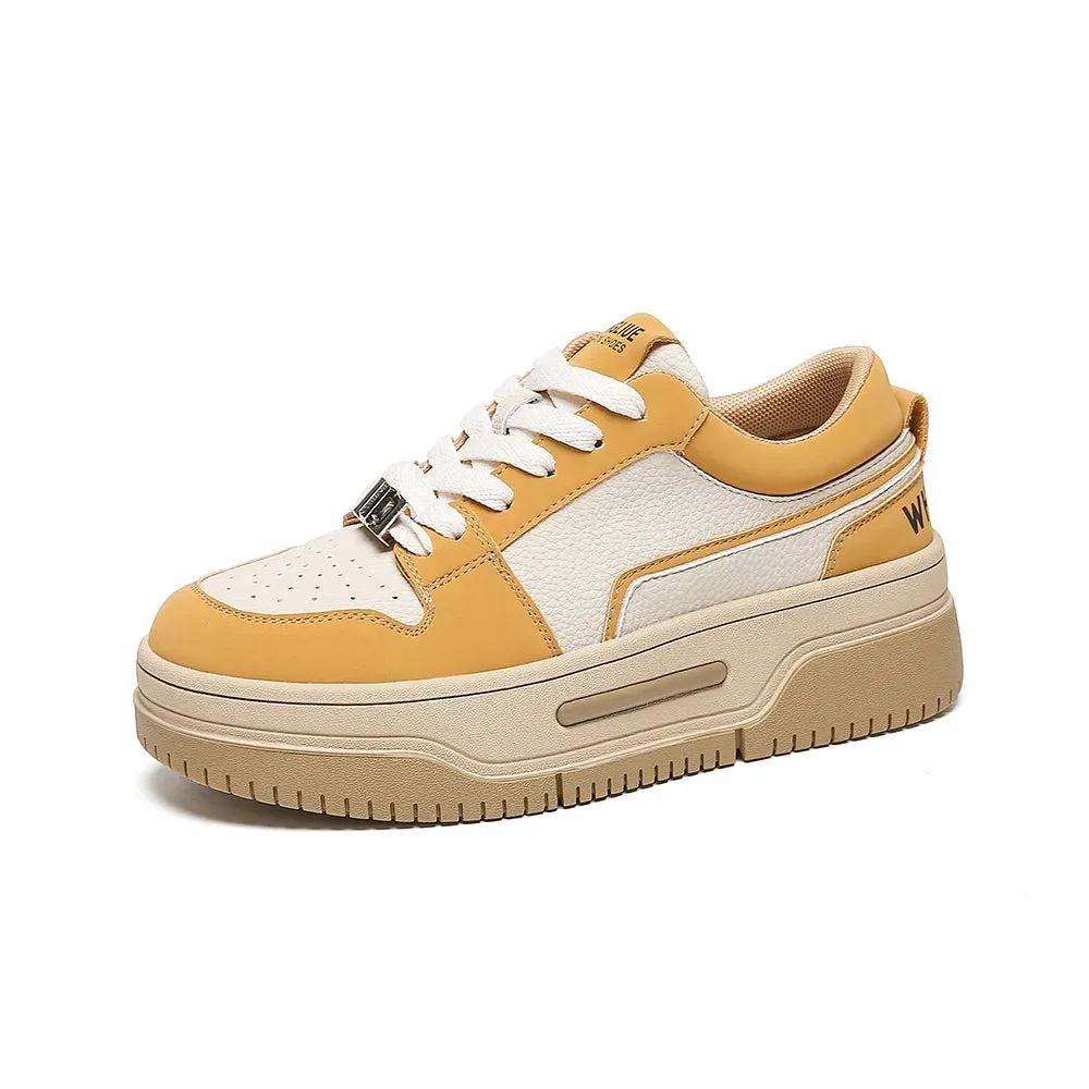 Leather Patchwork Platform Sneakers with Cross-Tied Design for Women
