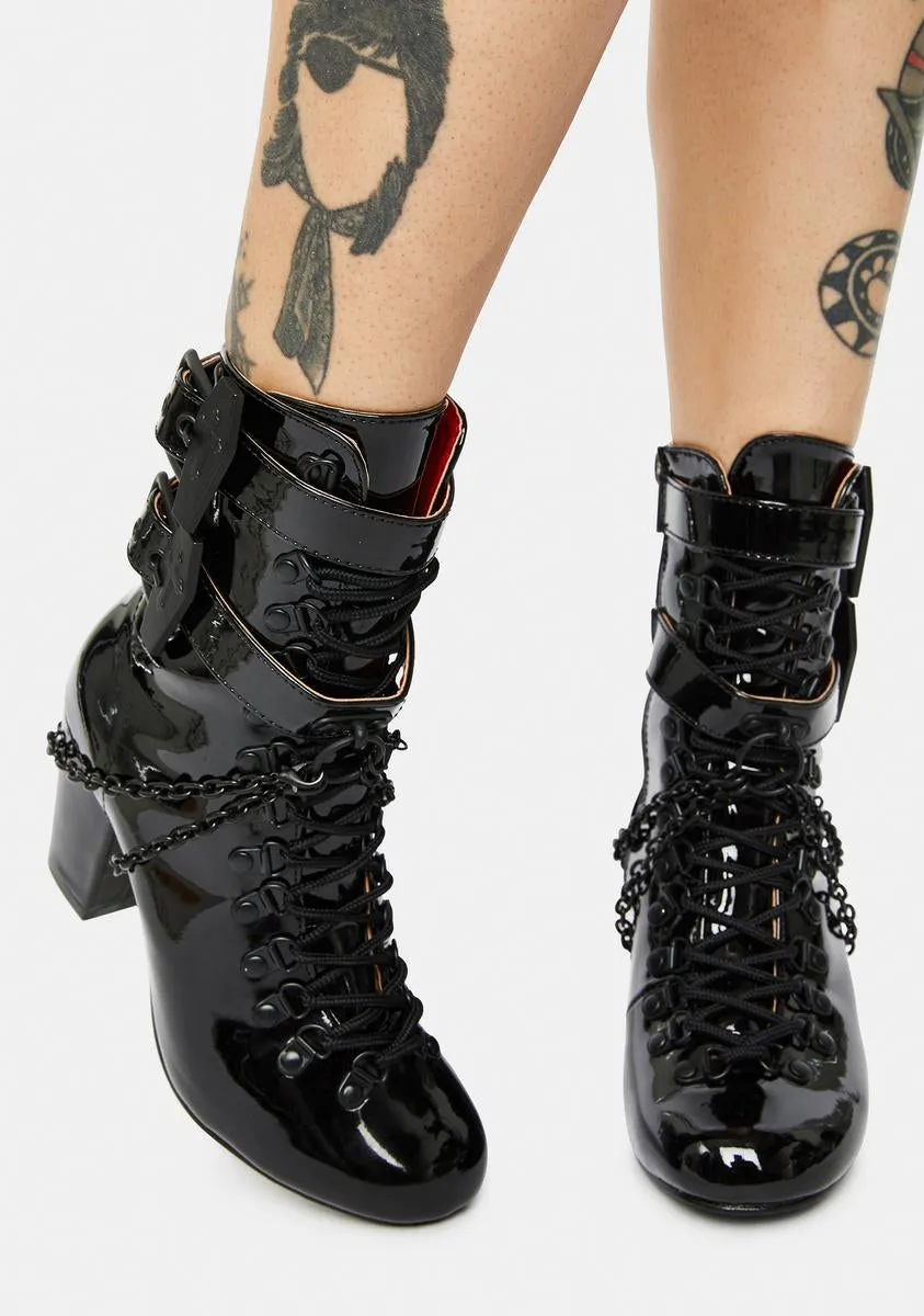 Patent Lost Tomb Chain Lace Up Boots