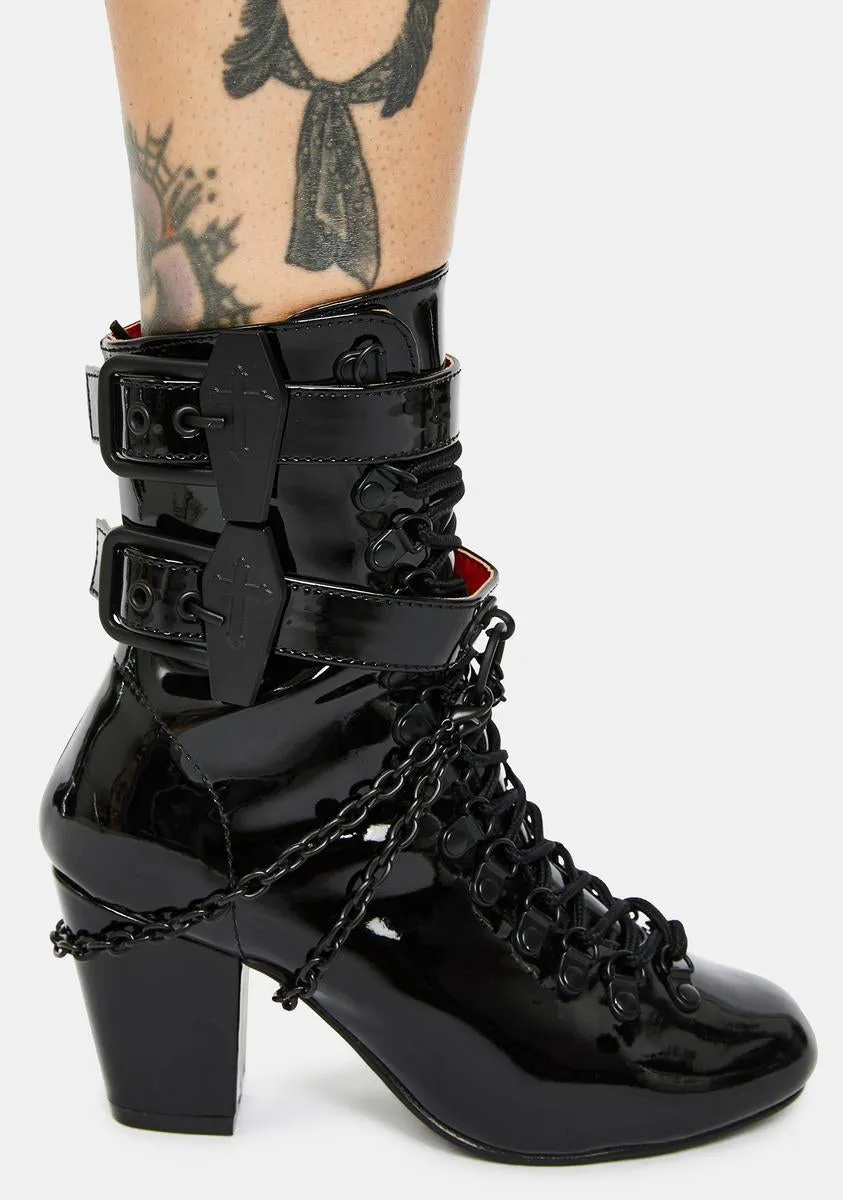 Patent Lost Tomb Chain Lace Up Boots