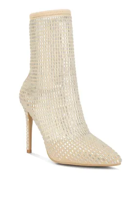 Rhinestone Embellished Champagne Mesh Boots