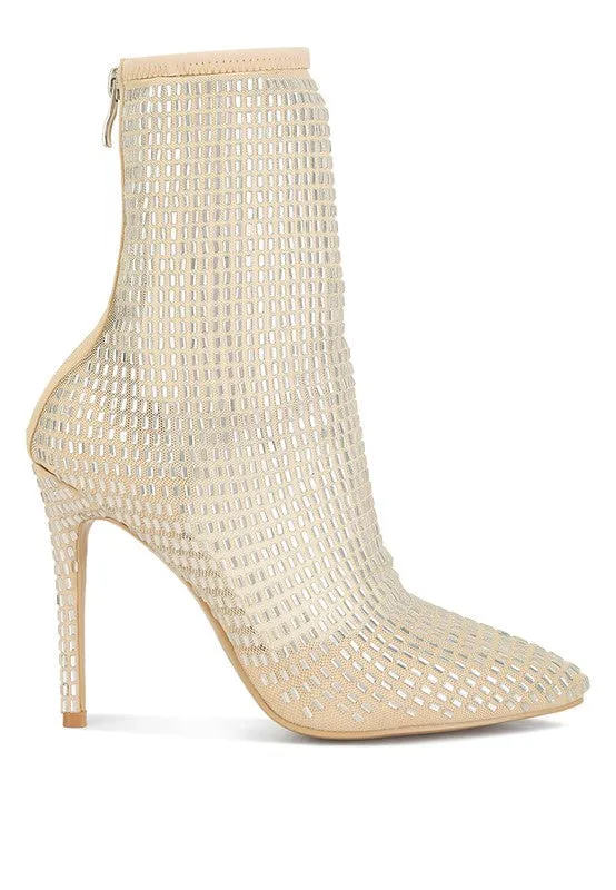 Rhinestone Embellished Champagne Mesh Boots