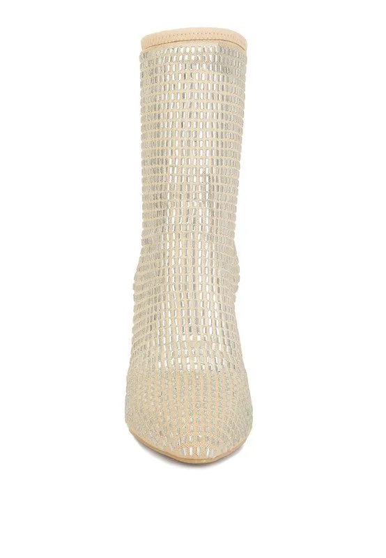 Rhinestone Embellished Champagne Mesh Boots