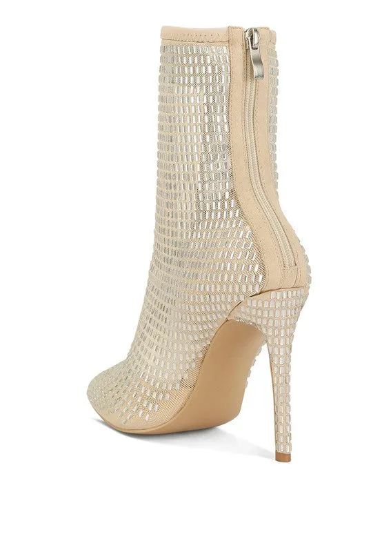 Rhinestone Embellished Champagne Mesh Boots