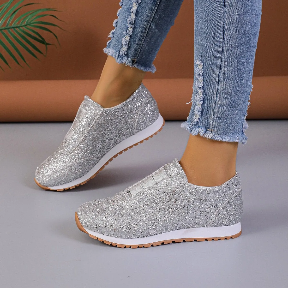 Sparkling Glitter Elastic Slip-On Fashion Sneakers
