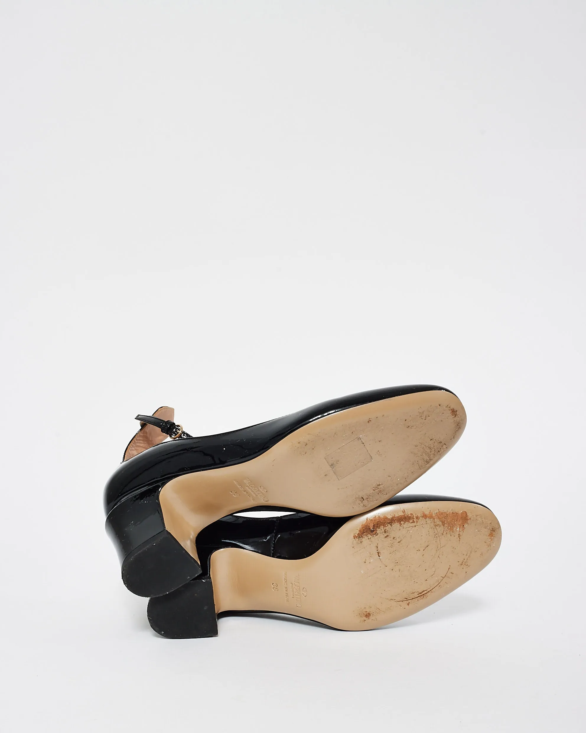 Valentino Black Patent Leather Mary Jane Block Heel Ankle Strap Pumps - 38