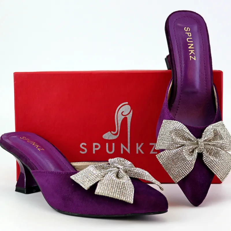 Women Velvet Pumps Pointed Toe Rhinestone Mesh Bow Thin Low Heels