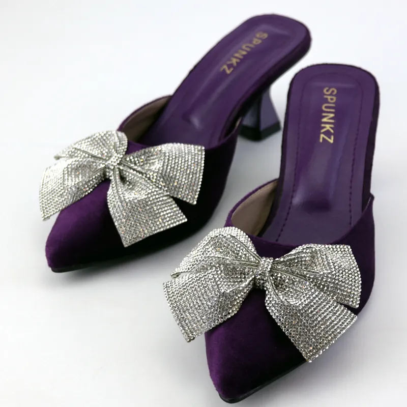 Women Velvet Pumps Pointed Toe Rhinestone Mesh Bow Thin Low Heels