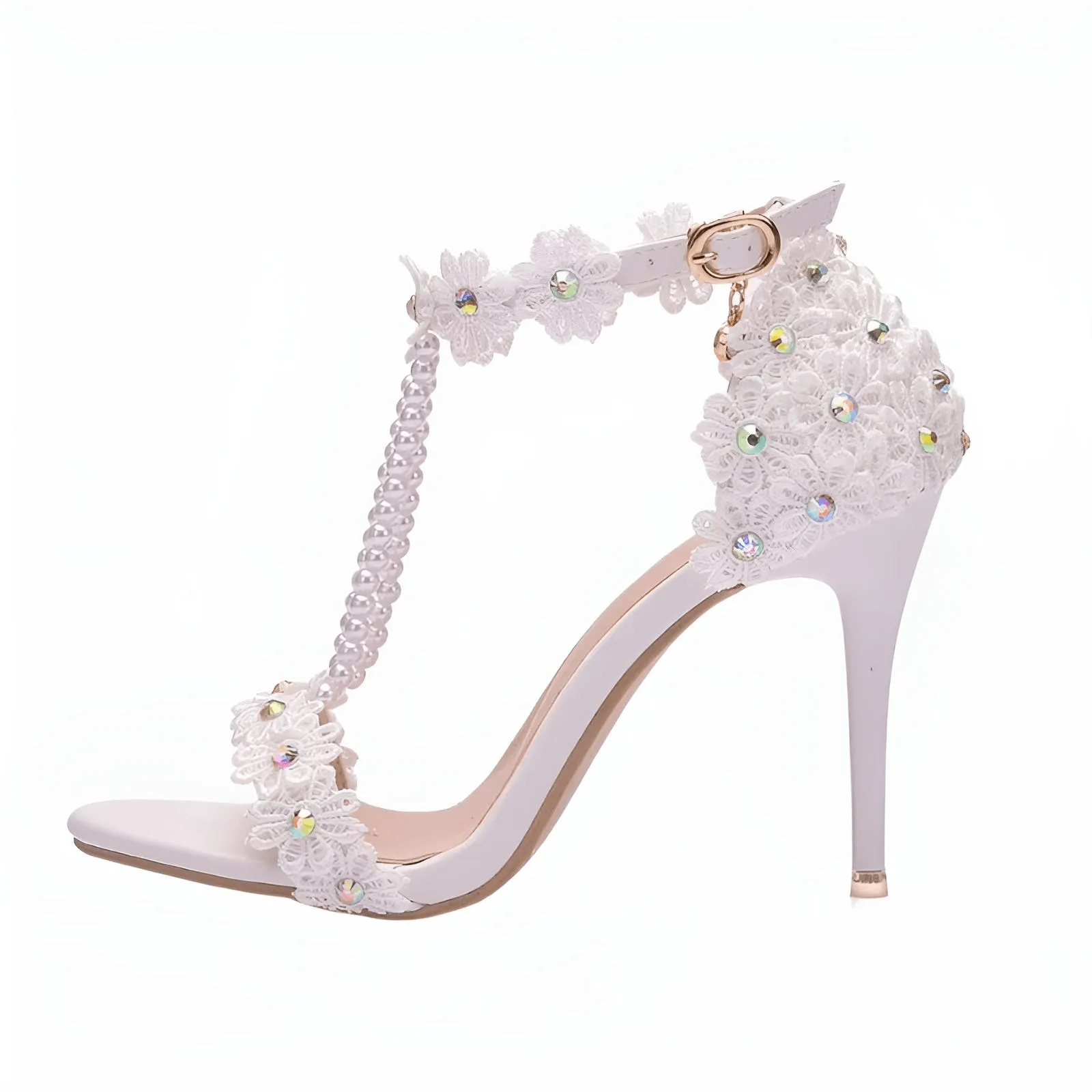 Women's Sandals Flowers Pearls T-Tied Stilettos Wedding Shoes High Heel Bridal Pumps