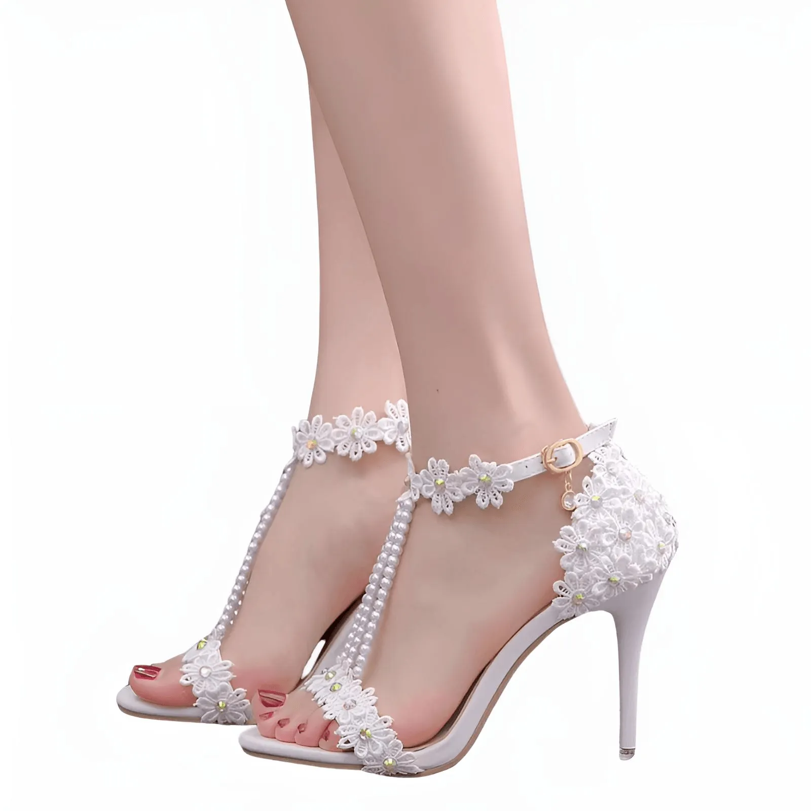 Women's Sandals Flowers Pearls T-Tied Stilettos Wedding Shoes High Heel Bridal Pumps