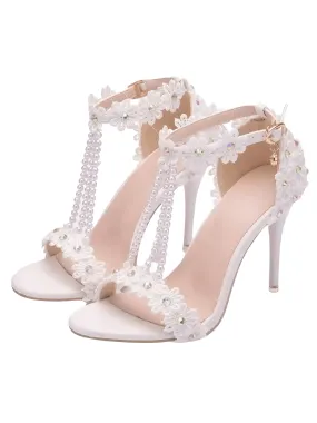 Women's Sandals Flowers Pearls T-Tied Stilettos Wedding Shoes High Heel Bridal Pumps